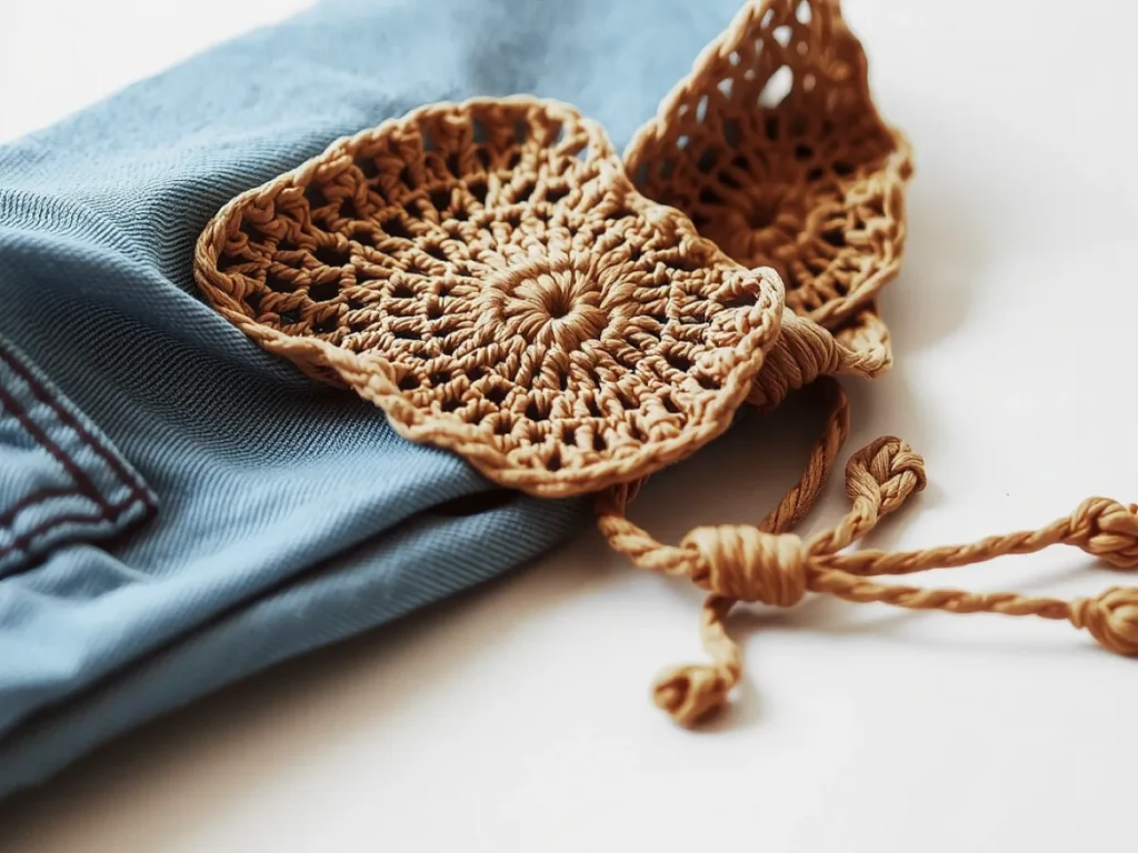 Image showing Crochet lace belt tied on jeans
