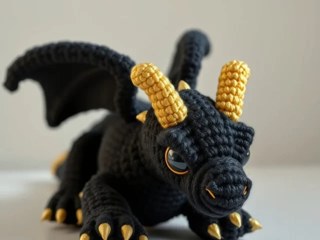 Image showing Giant Obsidian Black Dragon with Gold Horns Amigurumi