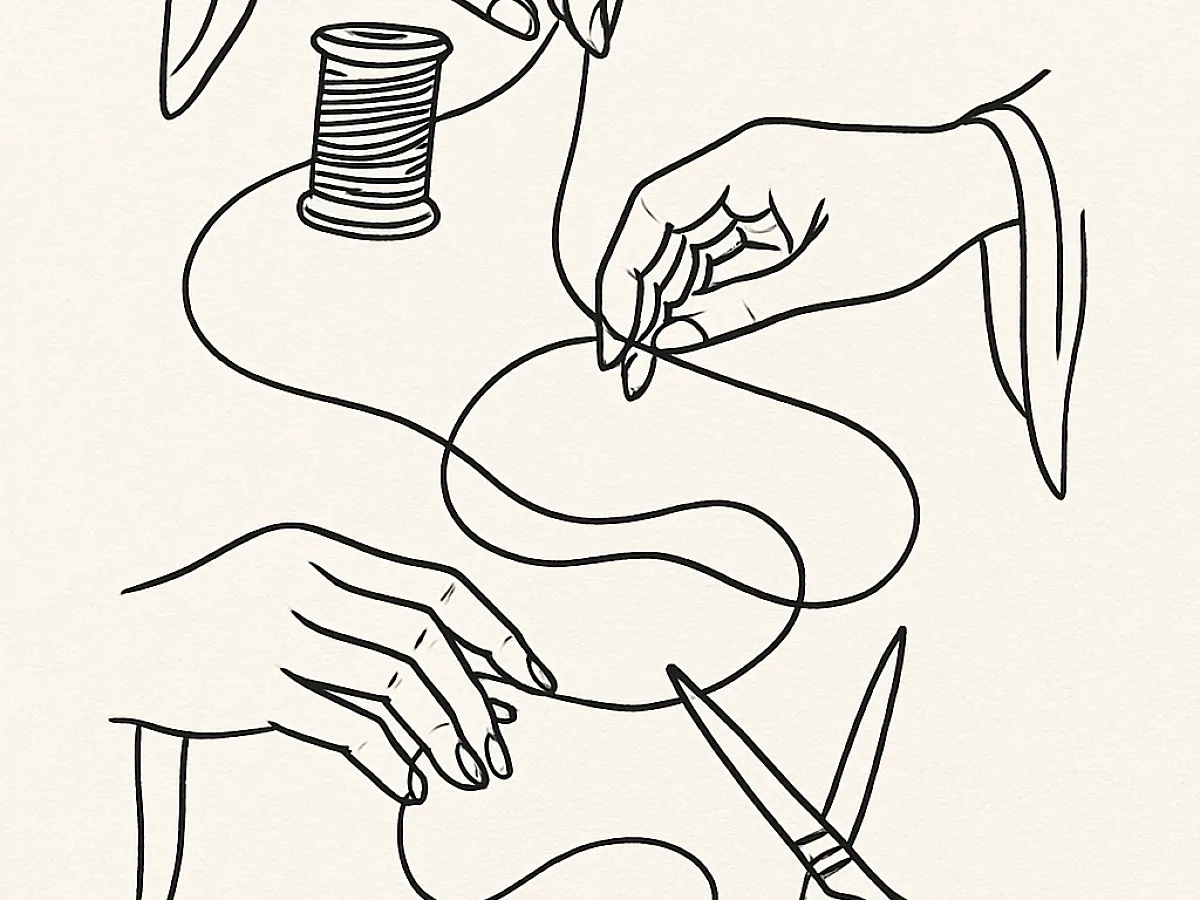 Image showing yarn threading technique with scissors illustration